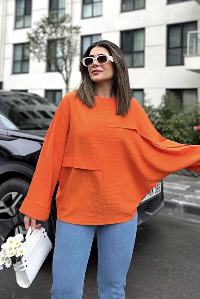 Juuuj المرأة البرتقالية مزدوجة الكفة واسعة، كم الخفافيش، زخرفة الجيب التفاصيل...