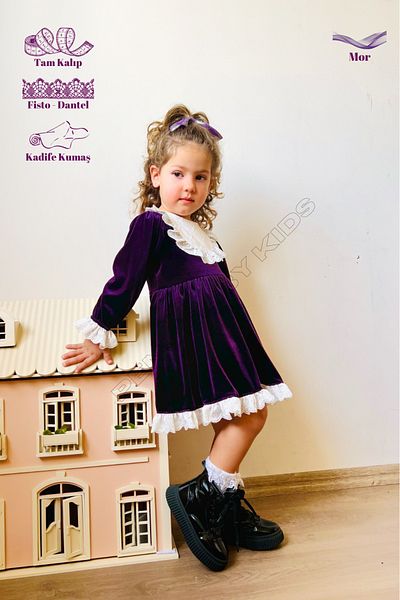 penu baby kids Rochie pentru fetiță, din catifea, căptușită din bumbac, cu dantelă mov