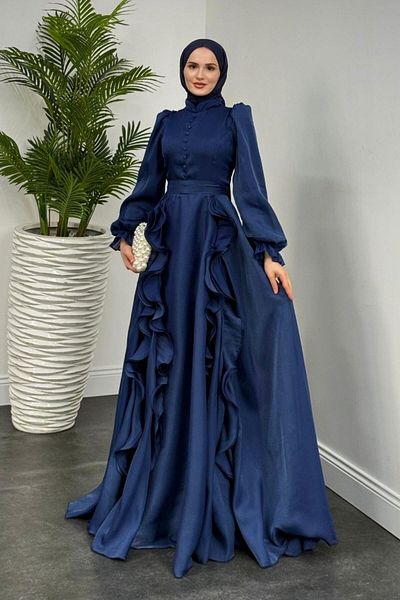 MERVEN AKYÜZ Βραδινό φόρεμα Samira Frilly Janjan Navy Blue
