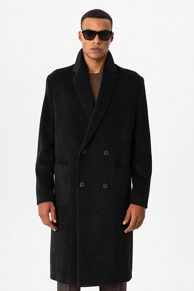 Antioch Black Textured Double Breasted Closure Men's Coat
