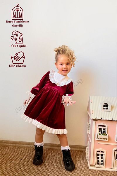 penu baby kids Rochie pentru fetiță, din catifea, căptușită din bumbac, cu dantelă bordei