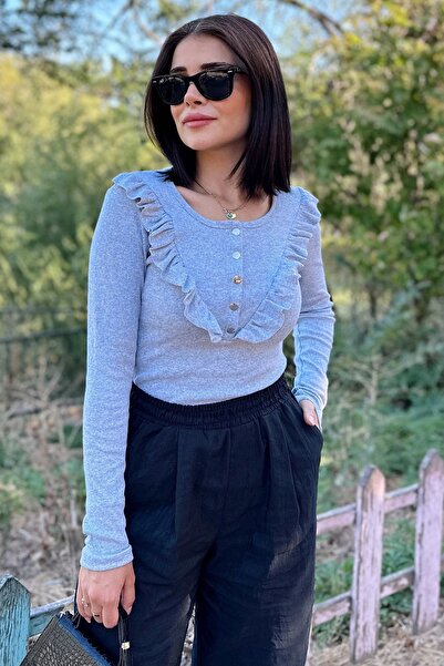 Juuuj Γυναικεία γκρι στρογγυλή λαιμόκοψη, μακρυμάνικο, βολάν με λεπτομέρεια μ...