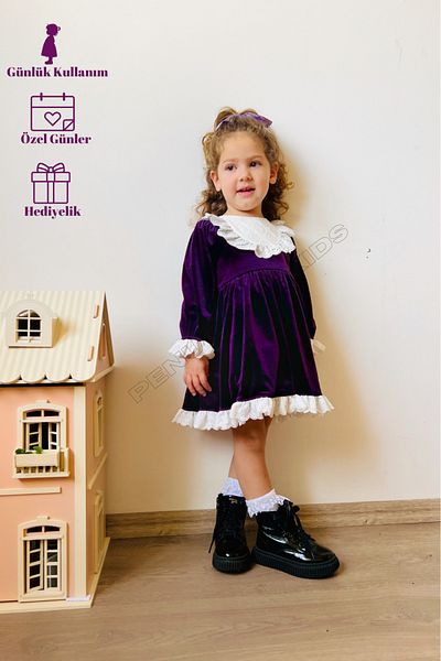 penu baby kids Rochie pentru fetiță, din catifea, căptușită din bumbac, cu dantelă mov