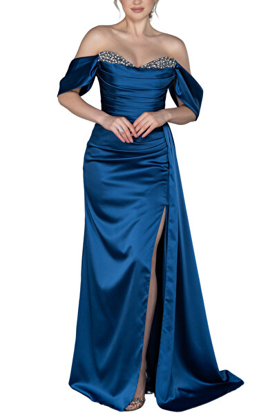 Arden Uzun Abiye Elbise, Saten Madonna Yaka, Taş Detay, Yırtmaçlı, Düğün, Niş...