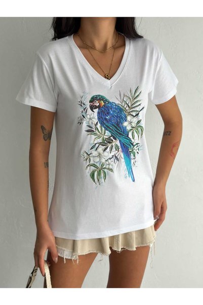 Butik Serdivan Parrot Bird Pattern Sequin Sequin Women's T-Shirt V-Neck 100% Cotton Laderra Style New Season Trend