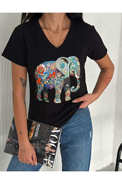 Butik Serdivan Νέα σεζόν Γυναικείο μπλουζάκι με λαιμόκοψη V με στάμπα ελέφαντα - Κεντημένες παγιέτες και πούλιες, 100% βαμβάκι Laderra Style Trend