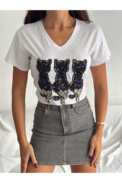 Butik Serdivan Γυναικείο μπλουζάκι με μοτίβο γάτας νέας σεζόν - Κεντημένο με πούλιες και πούλιες, λαιμόκοψη V, 100% βαμβακερή τάση