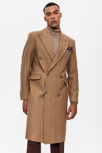 Antioch Camel Herringbone Patterned Double Breasted Men's Coat