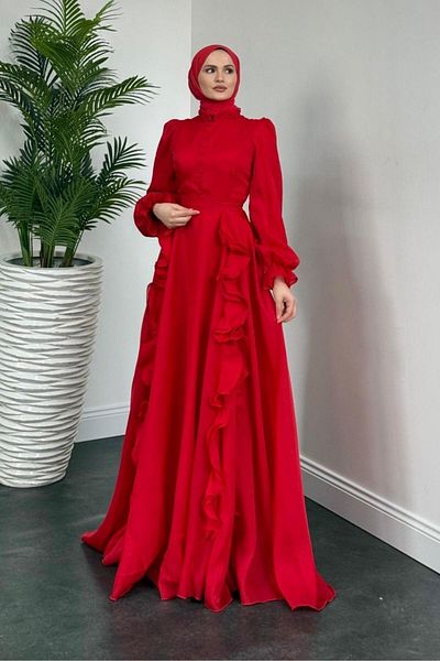 MERVEN AKYÜZ Red Samira Ruffled Janjan Evening Dress