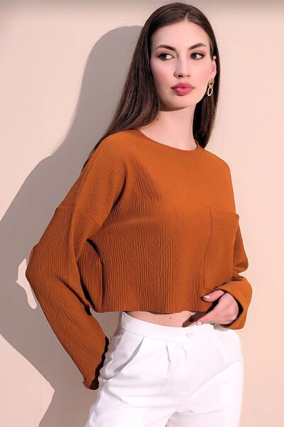 Juuuj Women's Mustard Long Sleeve Self Textured Pocket Crop Sweatshirt, Loose...