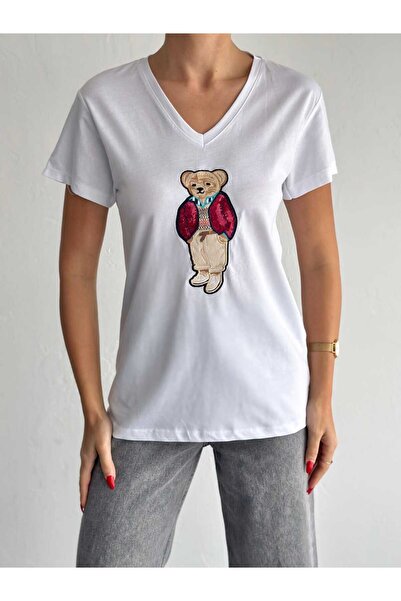 Butik Serdivan Γυναικείο μπλουζάκι με παγιέτες με μοτίβο V λαιμόκοψης - Laderra Bear, Κέντημα Νέα σεζόν Trend