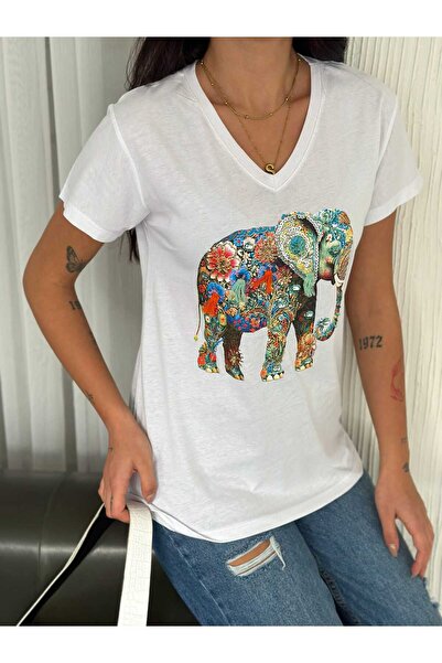 Butik Serdivan Νέα σεζόν Γυναικείο μπλουζάκι με λαιμόκοψη V με στάμπα ελέφαντα - Κεντημένες παγιέτες και πούλιες, 100% βαμβάκι Laderra Style Trend