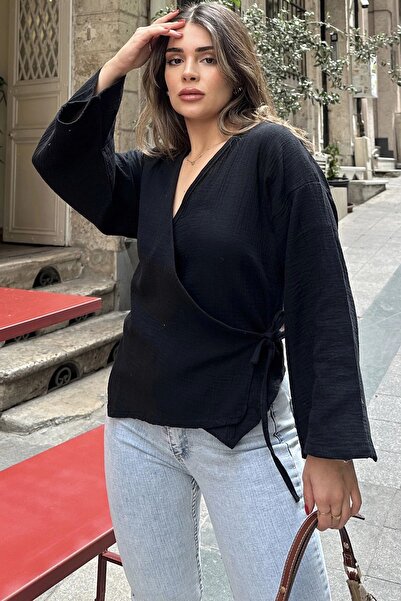 Juuuj Γυναικεία μαύρη μπλούζα με διπλό λαιμό, σταυρωτά δεμένα, μανίκια με φλά...