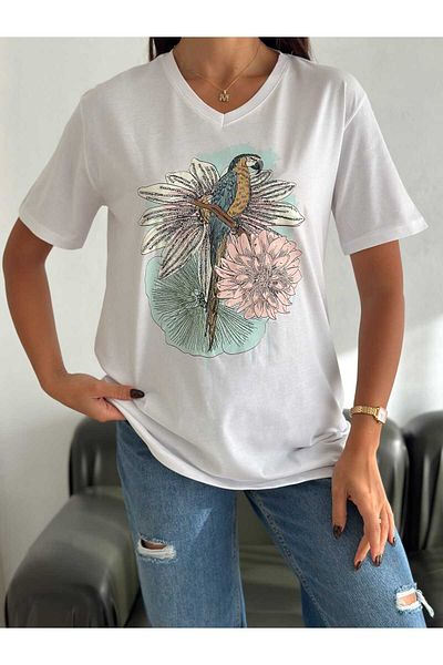 Butik Serdivan Women's V-Neck Sequin Sequin Plus Size T-Shirt - Parrot Bird Print, 100% Cotton, Laderra New Season