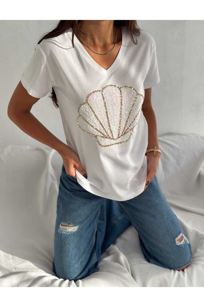 Butik Serdivan Seashell Print Women's T-Shirt Sequin and Sequin Embroidered V-Neck Laderra New Season 100% Cotton Tee Shirt