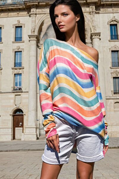 Juuuj Μίξ χρώματος, ασύμμετρη λαιμόκοψη, χαλαρή εφαρμογή, μακρυμάνικη μπλούζα