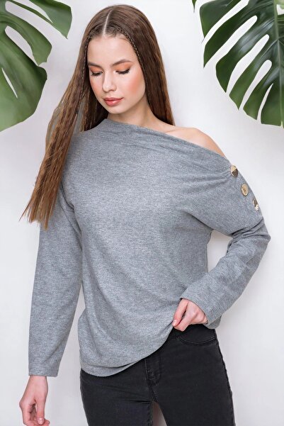 Juuuj Γυναικεία γκρι λαιμόκοψη με μακρύ μανίκι ώμου με λεπτομέρεια με κουμπιά...