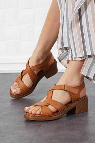 Moda Pie Hante Çapraz Atkı Hakiki Deri Kadın Sandalet Taba Cilt
