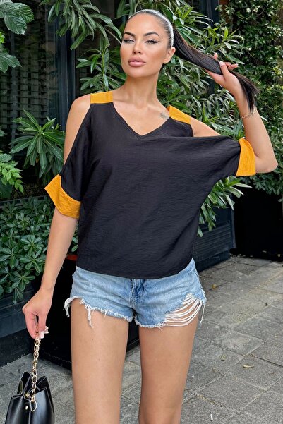 Genel Markalar Kadın Siyah Omuz Dekolteli Kısa Kol, Salaş Keten Bluz