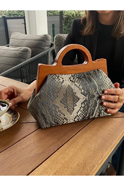 JOPHIEL Raphael - Ahşap Burslu Kumaş Çanta, Clutch, El Çantası, Portföy, Kadı...
