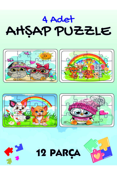 ASE DİZAYN Çocuklar Için Eğitici Ve Öğretici Ahşap Renkli Puzzle(yapboz)  4 A...