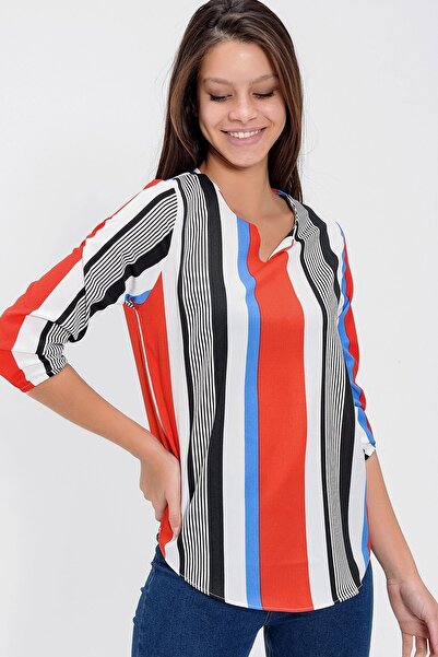 Juuuj Γυναικεία κόκκινη μπλούζα κρεπ με σχισμή με ριγέ μανίκια τριών τετάρτων και φορέστε - Κατάλληλο για το ναυλίσετε