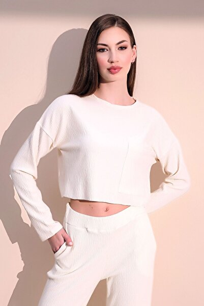 Juuuj Дамска блуза с дълги ръкави, самораирана, с джобове, в цвят екрю, с сво...