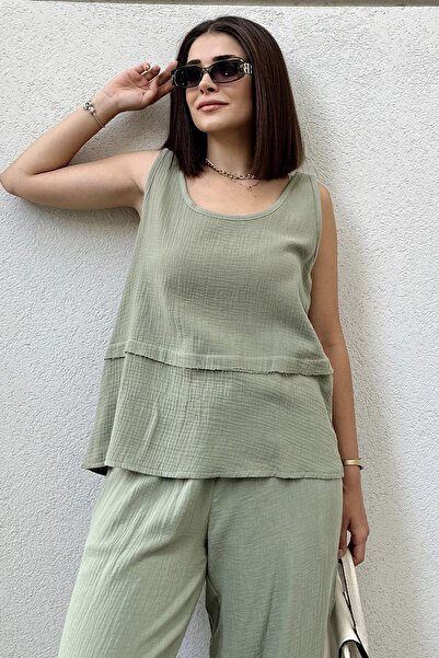 Juuuj Khaki Imported Muslin Fabric, Basic, Layered, Loose Strap Blouse & Unde...