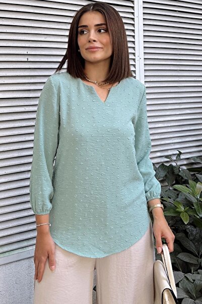 Juuuj Μέντα μακρύ μανίκι τριών τετάρτων, γιακάς φιλιού, μπλούζα βασικής κοπής...