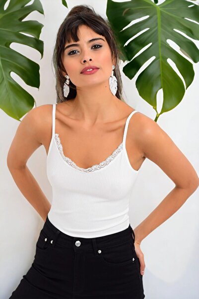 Juuuj Women's Ecru V-Neck Strap Lace Detailed Regular Cut Standard Size T-shirt