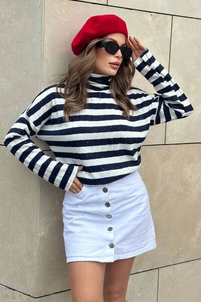 Juuuj Bluză cu mânecă lungă, albastru marin și ecru pentru femei, cu dungi, ț...