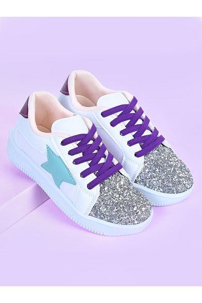 MECH BUTİK Pantofi sport albi pentru fete, paiete argintii, stea verde, paiete colorate, pantofi cu șireturi