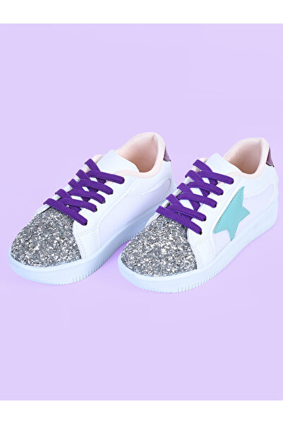 MECH BUTİK Kız Çocuk Beyaz Spor Ayakkabısı Yeşil Yıldızlı Gümüş Pullu Renkli Bağcıklı Sneaker