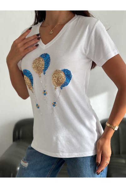 Butik Serdivan Balloon Patterned Women's T-Shirt Sequin and Sequin Embroidered V-Neck Laderra New Season 100% Cotton T-Shirt