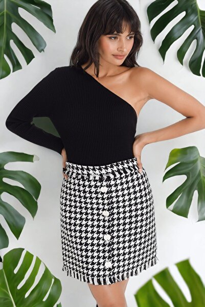 Juuuj Body de tricot scurt pentru femei, cu nasturi negri, cu model din picior de găin