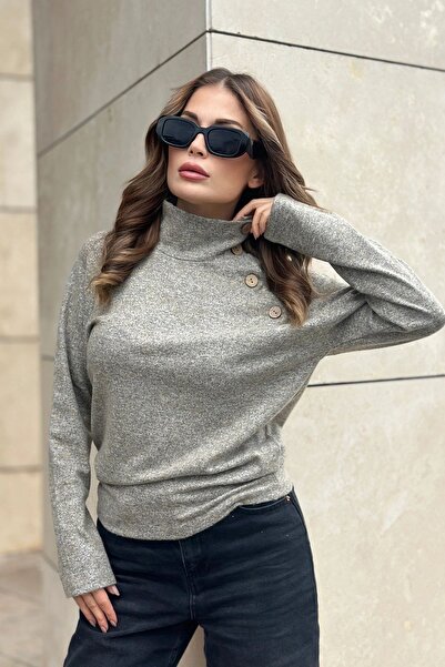 Juuuj Γυναικείο μπεζ αυτο-μοτίβο, μαλακό ύφασμα, μακρυμάνικο, λεπτομέρεια με κουμπιά, μπλούζα με λαιμόκοψη