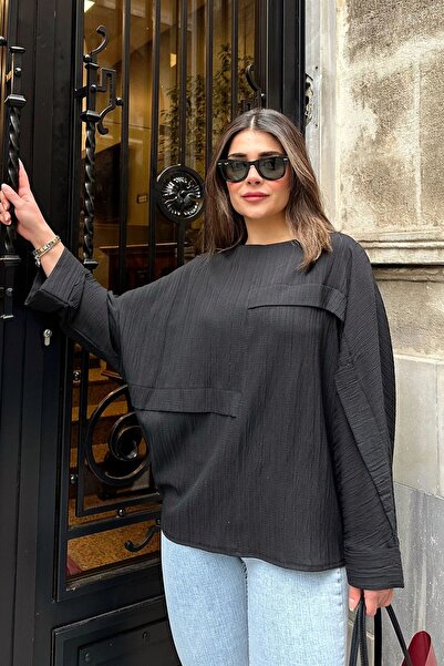 Juuuj Дамска черна блуза с двойни широки маншети, криловидни ръкави, декорати...