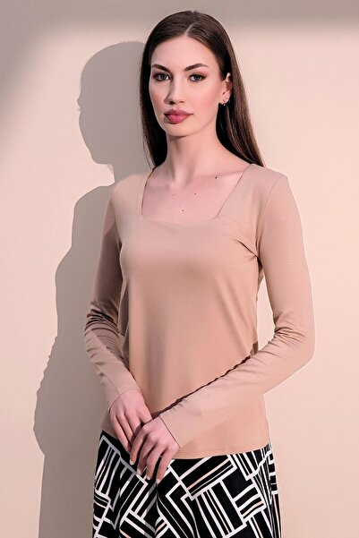 Juuuj Γυναικεία Μπεζ Casual Style Basic τετράγωνη μακρυμάνικη μπλούζα