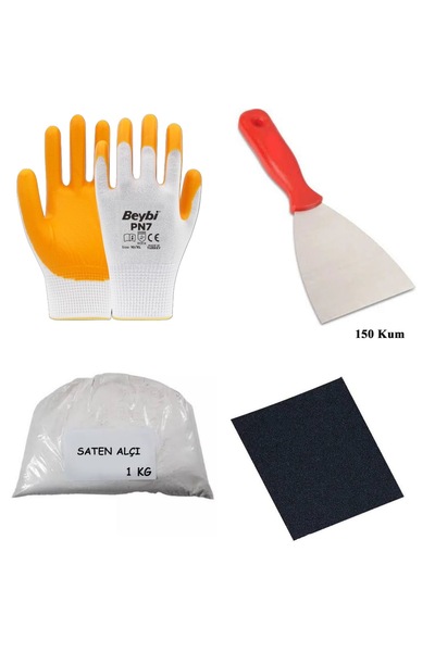 Lider Duvar Tamir Seti(1kg Saten Alçı,Eldiven,Spatula,Zımpara)