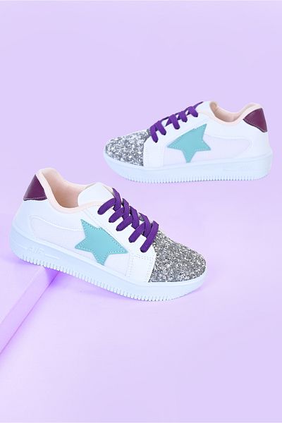 MECH BUTİK Pantofi sport albi pentru fete, paiete argintii, stea verde, paiete colorate, pantofi cu șireturi