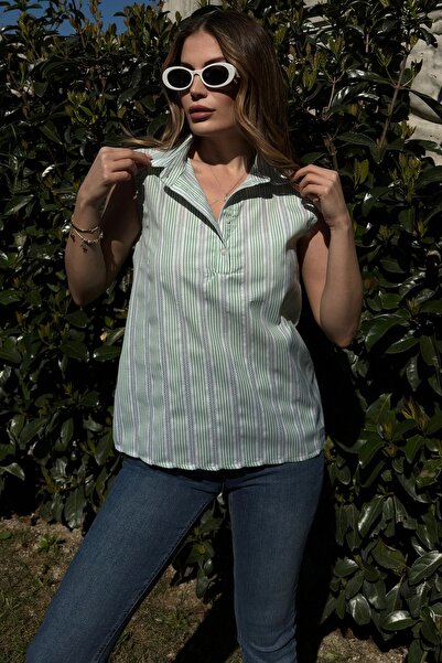 Juuuj Γυναικείο πράσινο ριγέ, καλοκαιρινό ύφασμα με υφή, μισή πατιλέτα, μπλούζα με μηδέν μανίκια