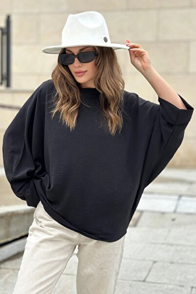 Juuuj Bluză neagră de damă Airobin Bat cu mâneci duble largi, extra oversize,...