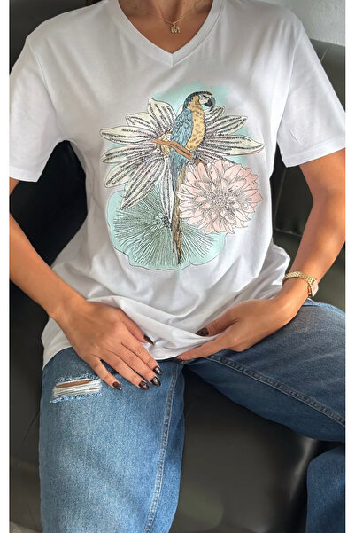 Butik Serdivan Women's V-Neck Sequin Sequin Plus Size T-Shirt - Parrot Bird Print, 100% Cotton, Laderra New Season