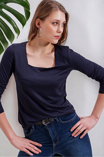 Juuuj Γυναικεία μπλούζα με μακρυμάνικη λαιμόκοψη σε μπλε Navy Casual Style Basic