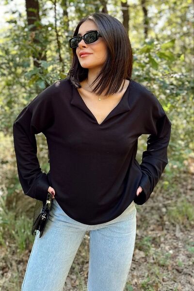 Juuuj Γυναικείο μαύρο μακρυμάνικο, διπλή μανσέτα, λαιμόκοψη με σχισμή, φαρδιά...