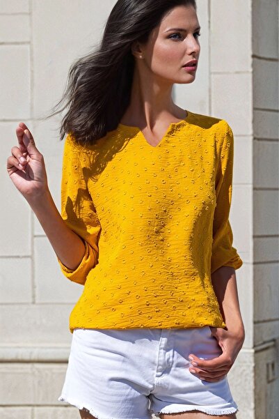 Juuuj الخردل نسيج بوم بوم ذاتي الملمس، بلوزة