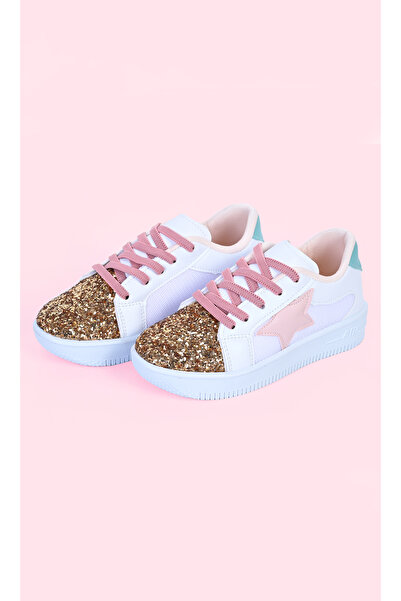 MECH BUTİK Kız Çocuk Beyaz Spor Ayakkabısı Pembe Yıldızlı Altın Renk Pullu Renkli Bağcıklı Sneaker