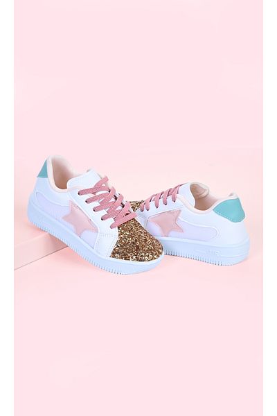 MECH BUTİK Pantofi sport albi pentru fete, roz, înstelat, auriu, paiete, colorați, pantofi cu șireturi