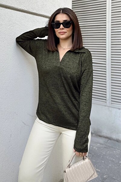 Juuuj Γυναικεία μπλούζα με λαιμόκοψη χακί πόλο, μακρυμάνικη, κανονική εφαρμογ...