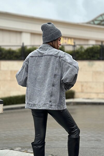 NEW LAVİVA Women's Gray Apache Collar, Double Pocket, High Quality Jeans Fabric, Loose Denim Jacket